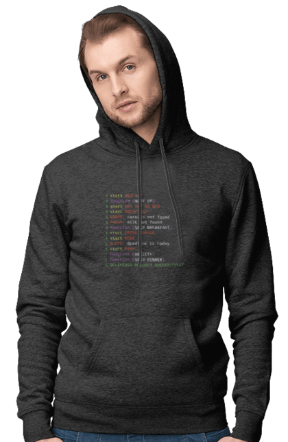 Чоловіче худі з принтом "Життя програміста". Angular, c, css, html, it, javascript, jquery, php, python, react, svelt, vue, айтишник, айті, гумор, код, кодувати, прогер, програміст, програмісти, ти ж, ти ж програміст, тиж програміст. KRUTO.  Магазин популярних футболок