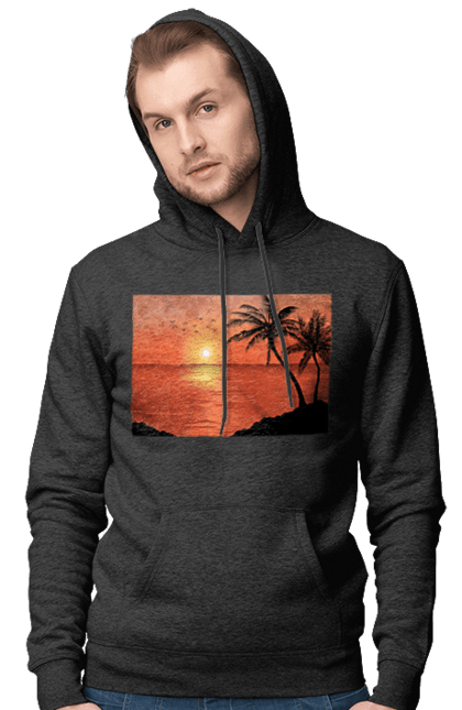 Чоловіче худі з принтом "Захід Пальми Море". Берег, захід, море, пальми. 2070702