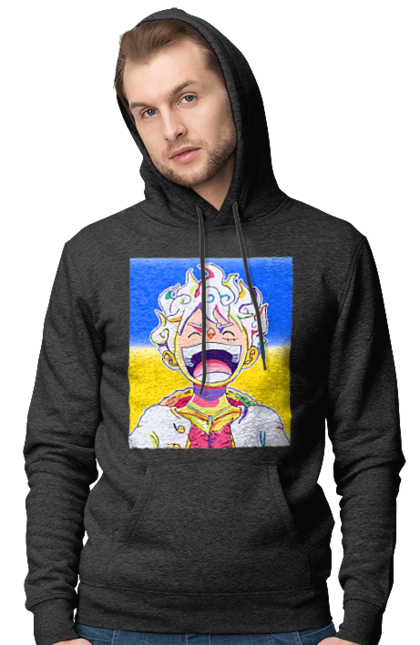 Чоловіче худі з принтом "Монкі д Луффі сміється на жовто блактному фоні". Ван піс, луффі, монкі д. луффі, прапор україни, символ україни, україна. 2070702