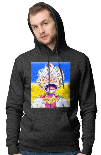 Monkey D Luffy laughing on a yellow blue background