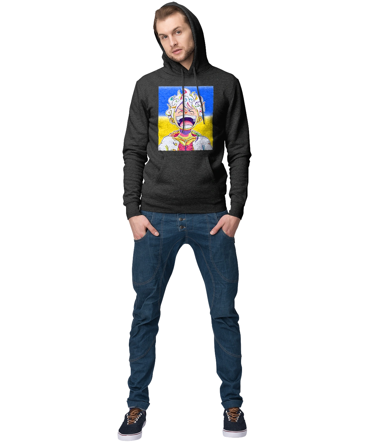 Monkey D Luffy laughing on a yellow blue background