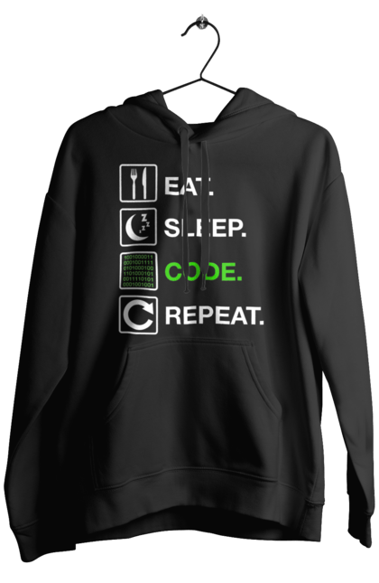 Чоловіче худі з принтом "Їж Cпи Кодуй Повторюй". Айті, айтішник, для айтішника, для програміста, їж спи, кодуй повторюй, подарунок айтішнику, подарунок програмісту, програміст, розробник. 2070702