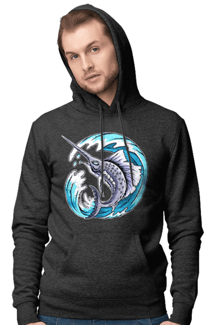 Men`s hoodie with prints Fish Sword And Wave. Swordfish, wave. 2070702