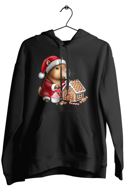 Men's hoodie with prints Capybara builds a gingerbread house. Animal, capybara, christmas, christmas capybara, gift, gingerbread, gingerbread house, holiday, new year, new year`s gift. 2070702