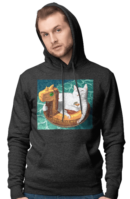 Чоловіче худі з принтом "Білий кіт у плавальному колі, на відпочинку". Басейн, відпочинок, кіт, коктейль, море, плавальний круг. 2070702