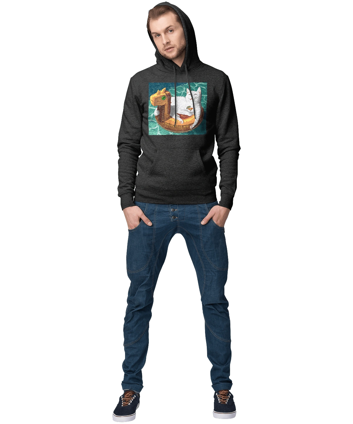 Белый кот в плавательном кругу, на отдыхе