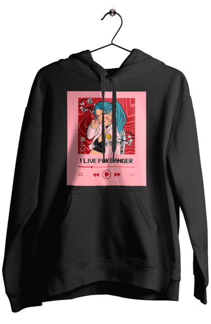 Men`s hoodie with prints I Live For Danger. Anime, music, pistol, turntable. 2070702