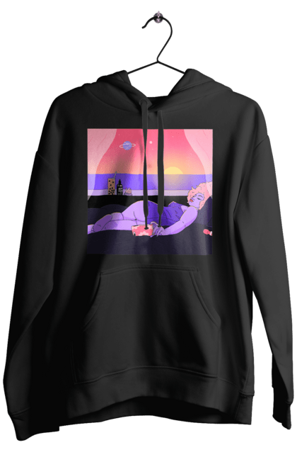 Чоловіче худі з принтом "Фіолетова Дівчина На Відпочинку". Дівчина, захід, телефон. 2070702