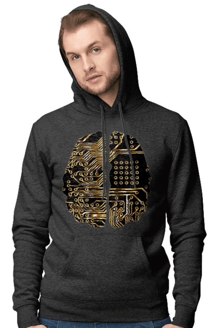 Чоловіче худі з принтом "Мозок Айті". Айті, айтішник, гик, знання, золотий, золото, інженер, кібер, кібернетика, кіборг, код, комп, кристал, мікросхема, мозок, програміст, професіонал, професія, розробник, розум, чіп. 2070702