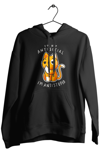 Men's hoodie with prints I'm not antisocial, I'm antistupid. Antisocial, antistupid, cat, cynicism, hate, humor, irony, joke, meme, sarcasm. 2070702