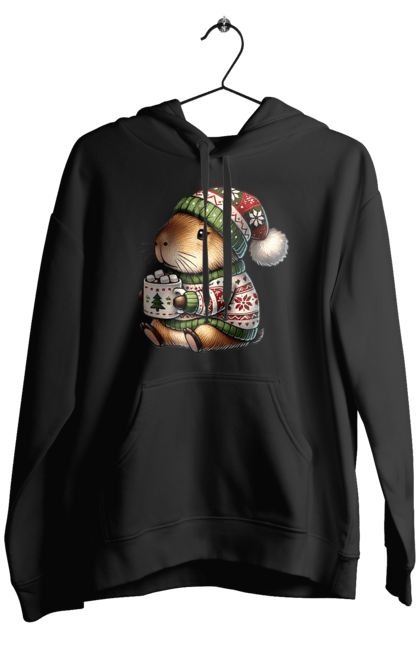 Men's hoodie with prints Capybara with hot chocolate. Animal, capybara, christmas, christmas capybara, gift, holiday, hot chocolate, new year, santa. 2070702