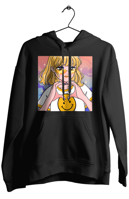 Men`s hoodie with prints Yellow Girl. Anime, girl, smiley. 2070702