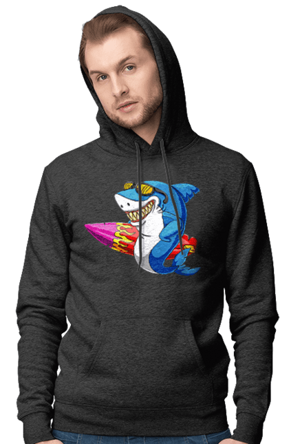 Чоловіче худі з принтом "Акула В Окулярах З Серфінгом". Акула, літо, окуляри, серфінг. 2070702