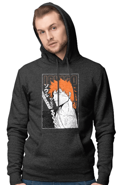 Мужское худи с принтом Блич Ичиго Куросаки. Anime, bleach, ichigo kurosaki, manga, аниме, блич, ичиго, ичиго куросаки, манга. 2070702