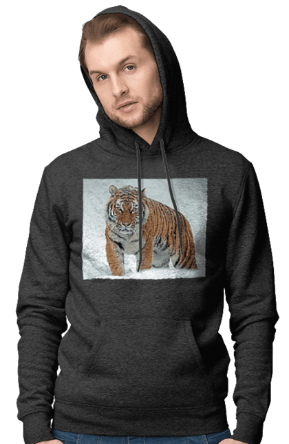 Чоловіче худі з принтом "Тигр у снігу". Велика кішка, великий кіт, дика природа, дикий, звір, зуби, погляд, портрет, природа, стилізація, тварина, тигр, хижак. CustomPrint.market