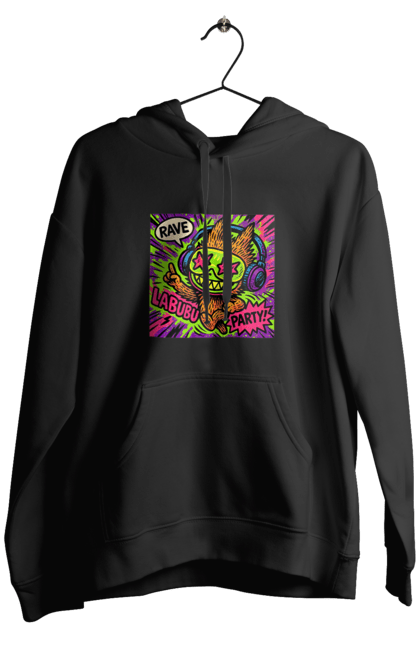 Чоловіче худі з принтом "Лабубу". Вечірка, вуличне мистецтво, графіті, зоряніочі, коміксстиль, лабубу, навушники, неон, попарт, рейв. 2070702