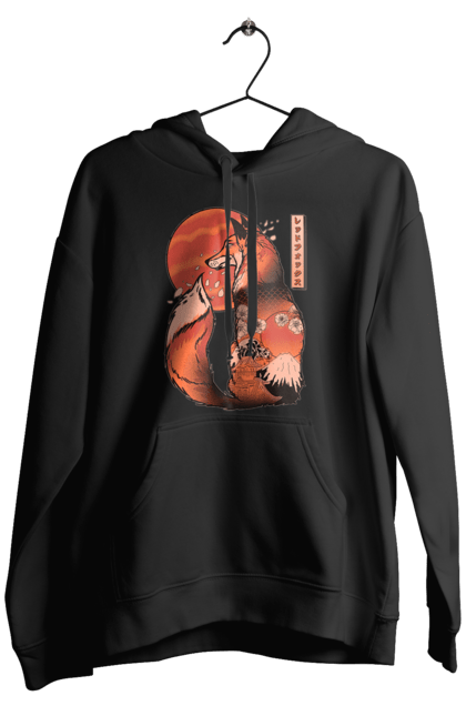 Men's hoodie with prints Kitsune. Animal, cherry blossoms, flowers, fox, great wave, japan, japanese, kitsune, mount fuji, red fox. 2070702