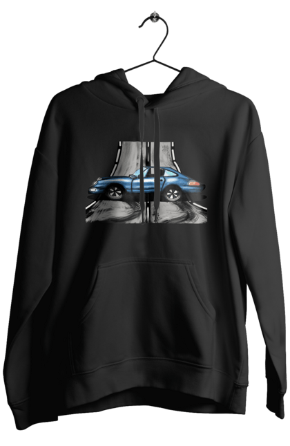 Чоловіче худі з принтом "Спортивний Автомобіль На Дорозі". Автомобіль, гонки, синій, спортиного, швидкий, швидкісний. 2070702