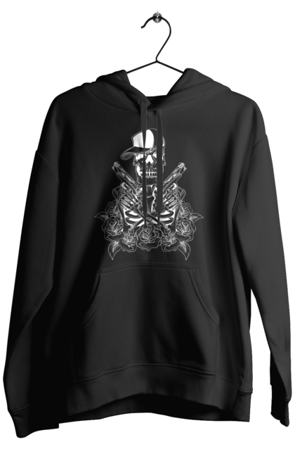Men's hoodie with prints Skeleton with pistols. Black and white, bones, cap, gun, roses, scull, skeleton, teeth. 2070702