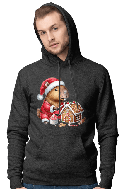 Men's hoodie with prints Capybara builds a gingerbread house. Animal, capybara, christmas, christmas capybara, gift, gingerbread, gingerbread house, holiday, new year, new year`s gift. 2070702