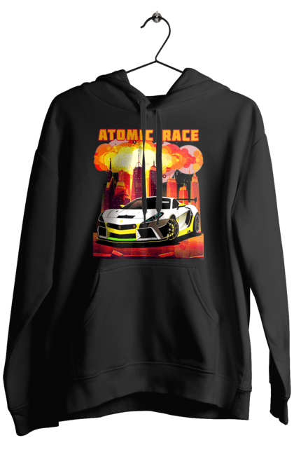 Чоловіче худі з принтом "Атомна гонка". Авто, автомобіль, атомні перегони, гонки, гоночні машини, спортивна машина, спорткар. 2070702