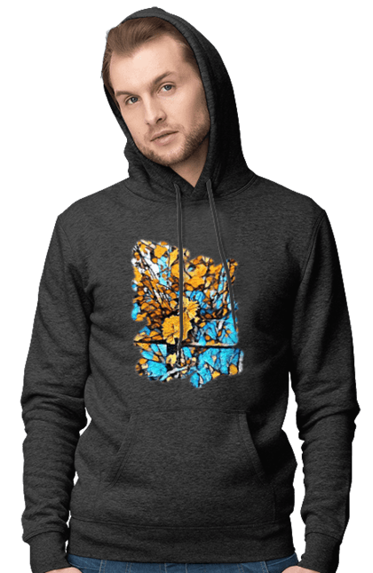 Men`s hoodie with prints Yellow flowers on a blue background. Art, blue and yellow, blue yellow, drawing, flowers, nature, yellow and blue, yellow blue, yellow flowers. 2070702