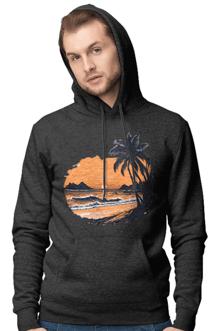Чоловіче худі з принтом "Безтурботний пляж на заході сонця". Захід сонця, пляж, розслаблення. futbolka.stylus.ua