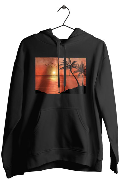 Чоловіче худі з принтом "Захід Пальми Море". Берег, захід, море, пальми. 2070702