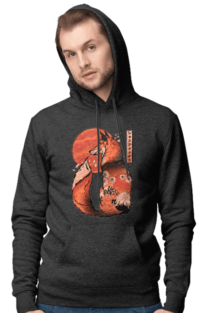 Men's hoodie with prints Kitsune. Animal, cherry blossoms, flowers, fox, great wave, japan, japanese, kitsune, mount fuji, red fox. 2070702