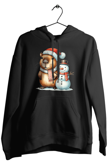 Men's hoodie with prints Capybara and Snowman. Animal, capybara, christmas, christmas capybara, gift, holiday, new year, new year`s gift, santa, snowman. 2070702