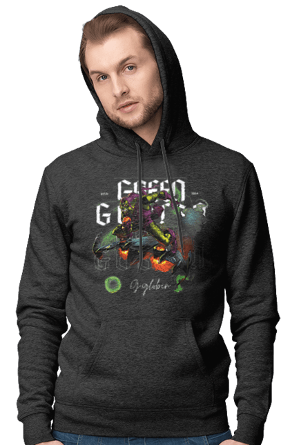 Мужское худи с принтом Зелёный гоблин. Green goblin, marvel, spider-man, зеленый гоблин, злодей, комикс, марвел, суперзлодей, человек паук. 2070702