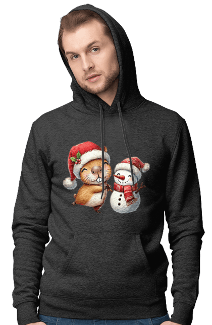 Men's hoodie with prints Capybara and Snowman. Animal, capybara, christmas, christmas capybara, gift, holiday, new year, new year`s gift, santa, snowman. 2070702