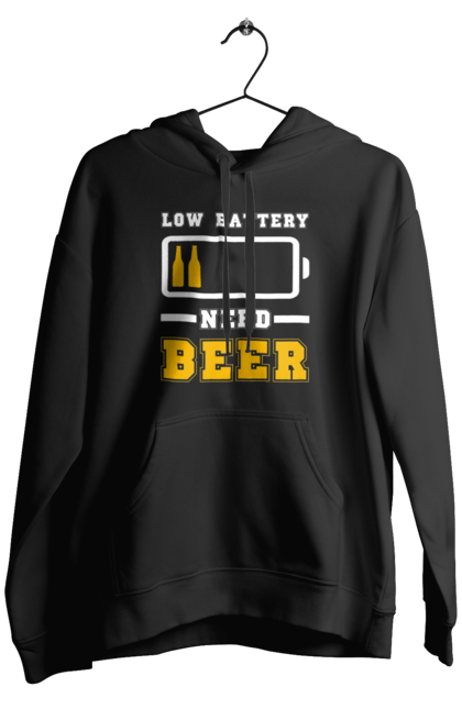 Чоловіче худі з принтом "Low battery need beer". Алкоголь, брутальні, літні, пиво, прикольні принти, чоловічі. 2070702