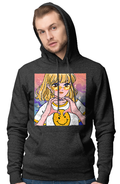 Men`s hoodie with prints Yellow Girl. Anime, girl, smiley. 2070702