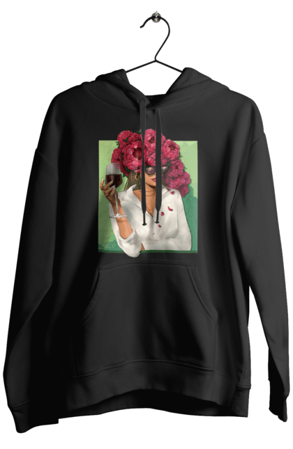 Чоловіче худі з принтом "Дівчина з півоніями та келихом". Вино, дівчина, квітка, келих, літо, окуляри, півонії, сорочка. 2070702