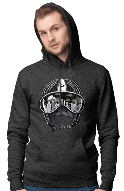 Men`s hoodie with prints Helmet And City. City, helmet, speed. 2070702