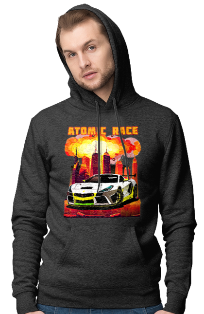 Чоловіче худі з принтом "Атомна гонка". Авто, автомобіль, атомні перегони, гонки, гоночні машини, спортивна машина, спорткар. 2070702