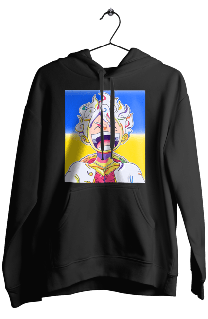 Чоловіче худі з принтом "Монкі д Луффі сміється на жовто блактному фоні". Ван піс, луффі, монкі д. луффі, прапор україни, символ україни, україна. 2070702