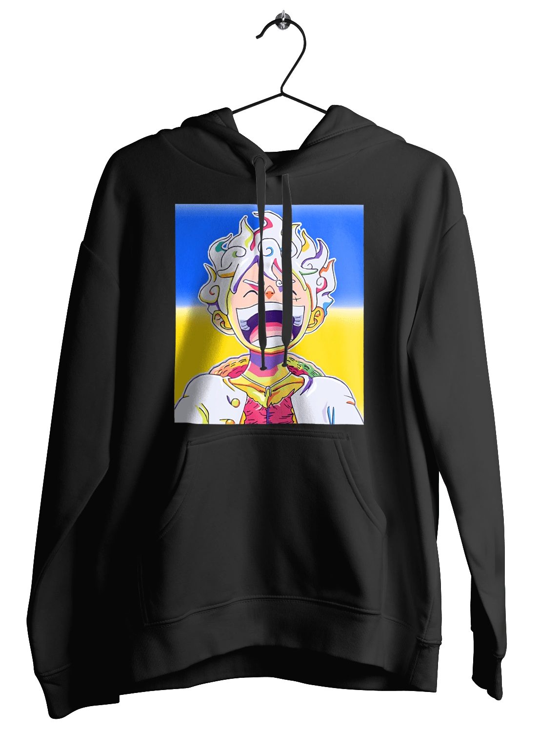 Monkey D Luffy laughing on a yellow blue background