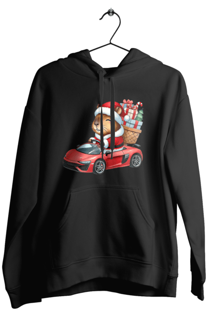 Men's hoodie with prints Christmas Capybara with a Gift. Animal, capybara, car, christmas, christmas capybara, gift, holiday, new year, new year`s gift, santa. 2070702