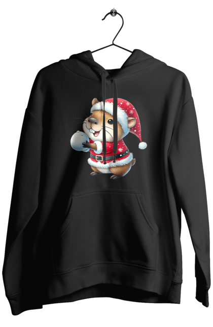 Men's hoodie with prints Capybara playing snowballs. Animal, capybara, christmas, christmas capybara, game, gift, holiday, new year, santa, snowballs. 2070702