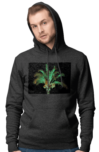 Чоловіче худі з принтом "Фінікова Пальма Вночі". Берег, відпочинок, відпустка, зелений, море, ніч, оазис, океан, острів, пальма, південь, подорож, пригоди, тропіки, фінікова, чорне. 2070702