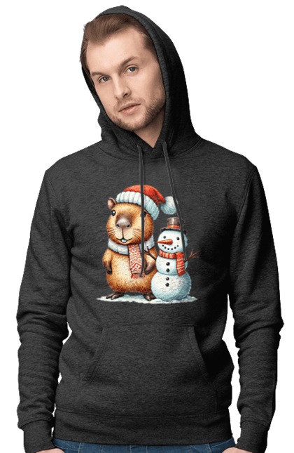 Men's hoodie with prints Capybara and Snowman. Animal, capybara, christmas, christmas capybara, gift, holiday, new year, new year`s gift, santa, snowman. 2070702