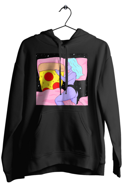 Чоловіче худі з принтом "Фіолетова Дівчина І Піца". Дівчина, ліжко, піца. 2070702