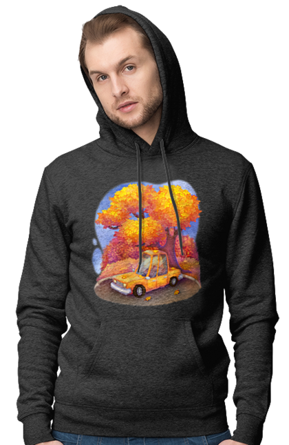 Чоловіче худі з принтом "Осiнь Авто Дерево". Дерево, жовтий мила ілюстрація, машина, осінь, помаранчевий. 2070702