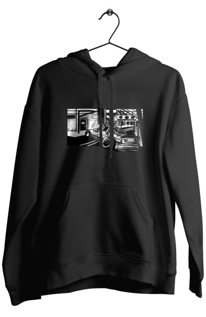 Чоловіче худі з принтом "Небезпечний Автомобіль на дорогах вулиць". Автомобіль, гонки, машина, небезпечний, чорно білий, швидкий. 2070702