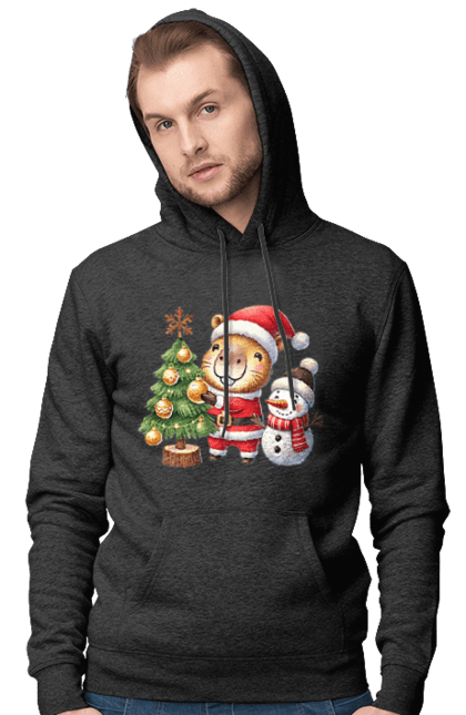 Men's hoodie with prints Christmas Capybara with a Tree. Animal, capybara, christmas, christmas capybara, christmas tree, gift, holiday, new year, new year`s gift, santa. 2070702