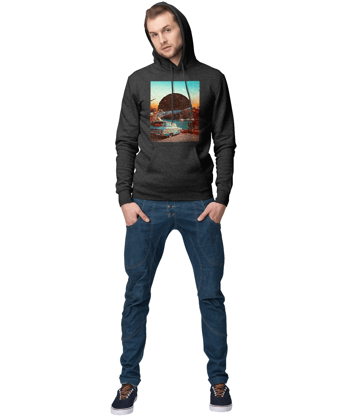 Painting, car by the river