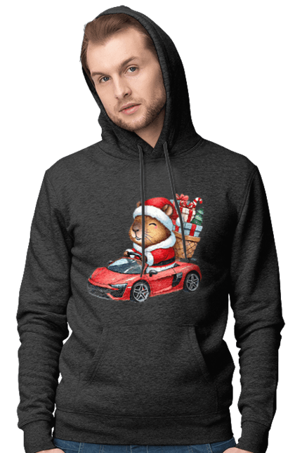 Men's hoodie with prints Christmas Capybara with a Gift. Animal, capybara, car, christmas, christmas capybara, gift, holiday, new year, new year`s gift, santa. 2070702