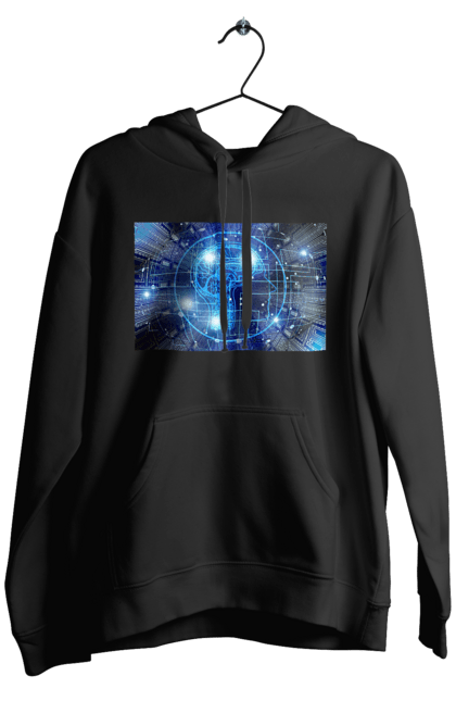 Чоловіче худі з принтом "Штучний інтелект". Айті, айтішник, гік, знання, інженер, інтелект, кібер, кібернетика, кіборг, код, комп, комп`ютерник, кристал, машинне навчання, мікросхема, мозок, портрет, програміст, професіонал, професія, розробник, розум, хакер, чіп, штучний інтелект, штучний розум. 2070702